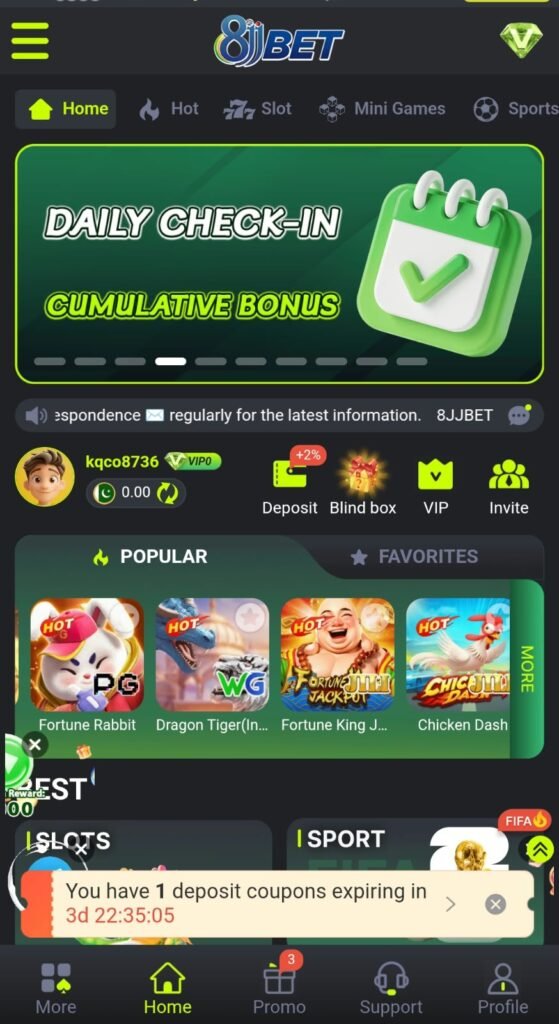 8JJBet Game home screen interface on Android