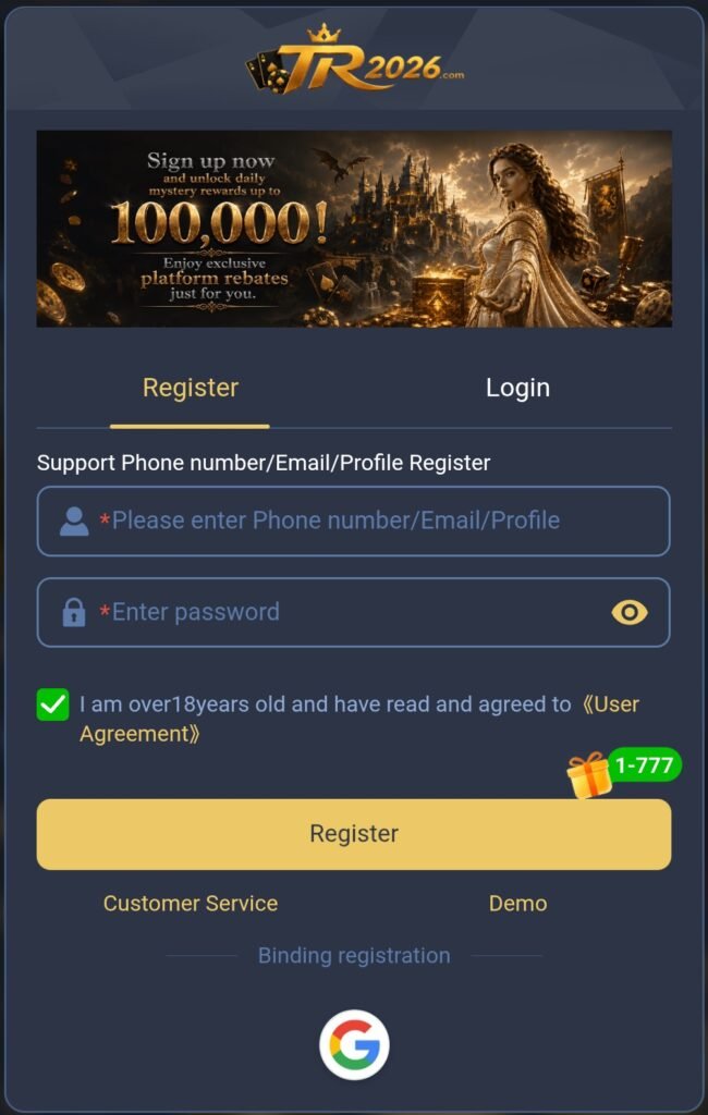 TR2026 Game login and register page with user account access options