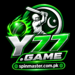 Y77 Game logo in green and white with cricket player, Pakistan crescent and star, and spinmaster.com.pk branding