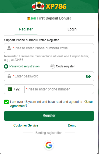 xp786 game register page